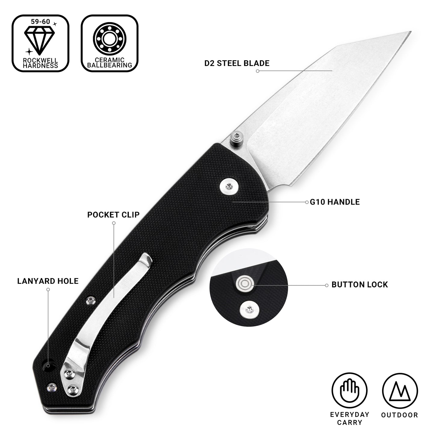 Button Lock Folding Knife - 3.39" D2 Sheepsfoot Blade Stonewashed Finish - G10 Handle with Thumb Stud