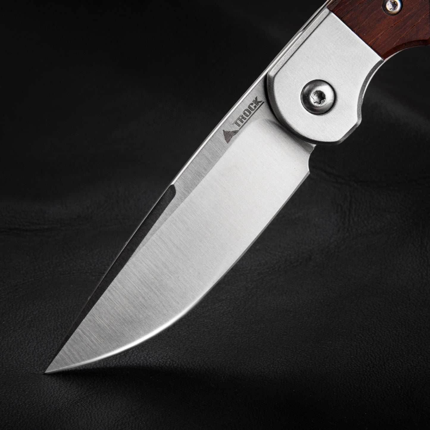 TROCK Small EDC Knife 2.8", Pocket Knife D2 Sand Polished Steel Blade Wood Handle - Front Flipper