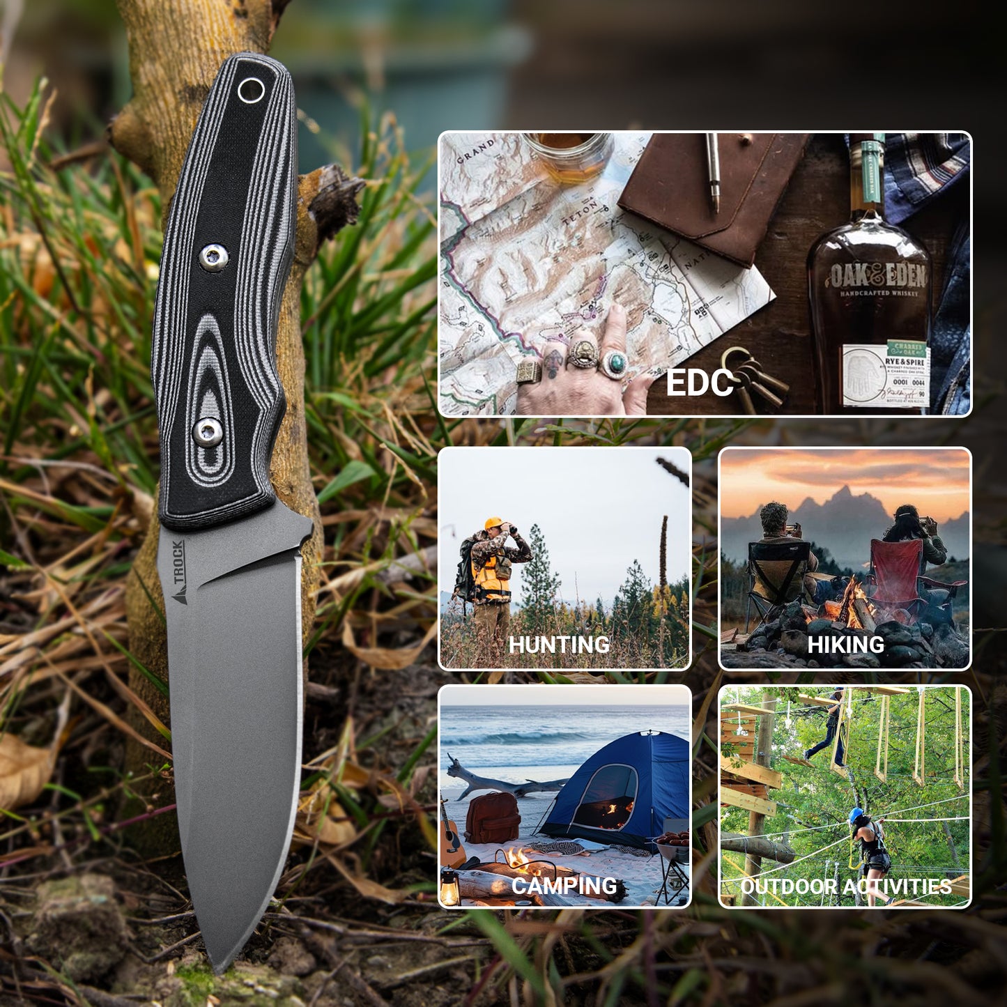 Fixed Blade Knife with Sheath, 3.62” Drop Point D2 Blade Titanium Plating G10 Handle for Camping