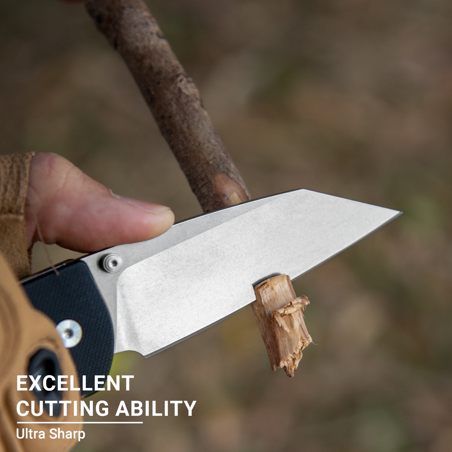 Button Lock Folding Knife - 3.39" D2 Sheepsfoot Blade Stonewashed Finish - G10 Handle with Thumb Stud