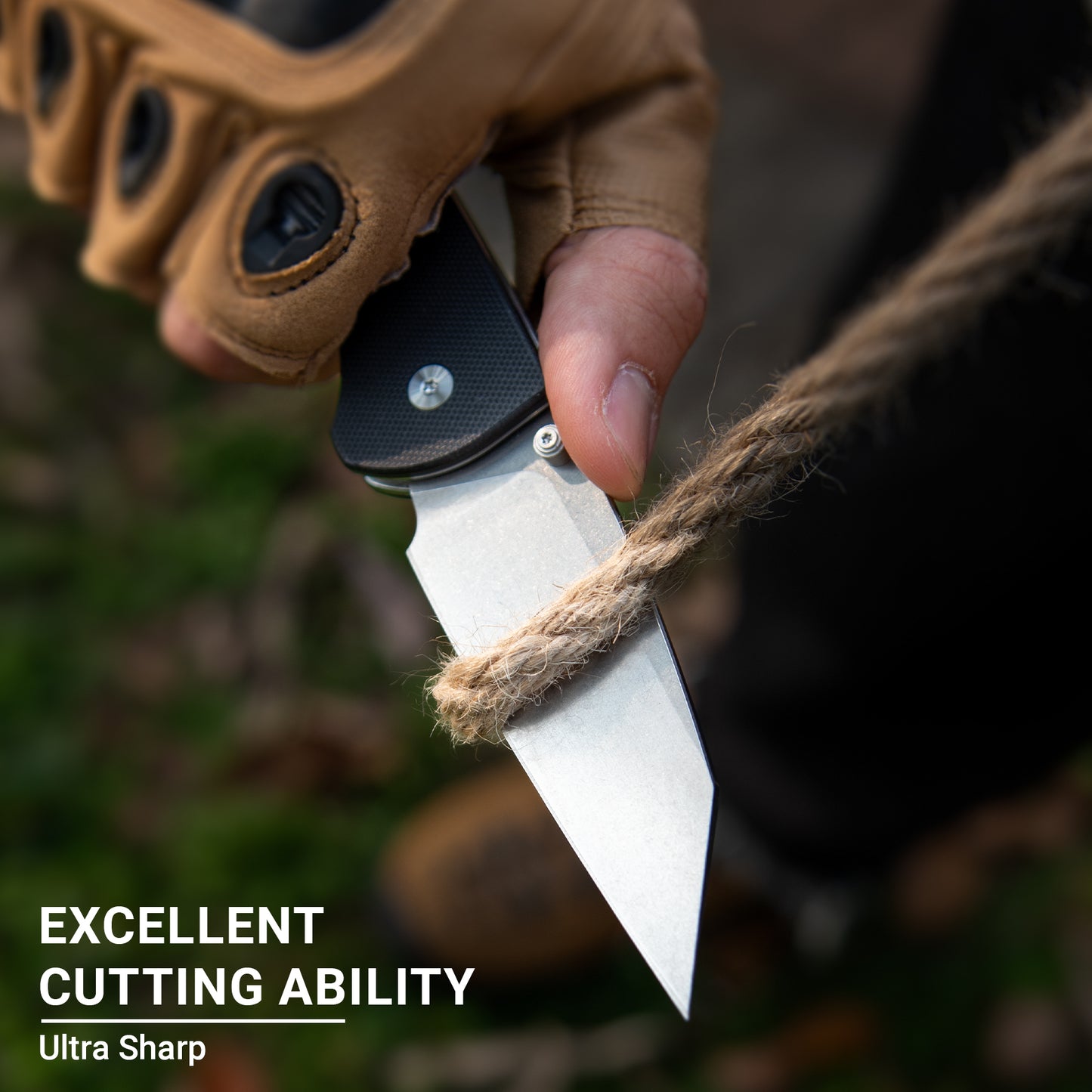 Button Lock Folding Knife - 3.39" D2 Sheepsfoot Blade Stonewashed Finish - G10 Handle with Thumb Stud