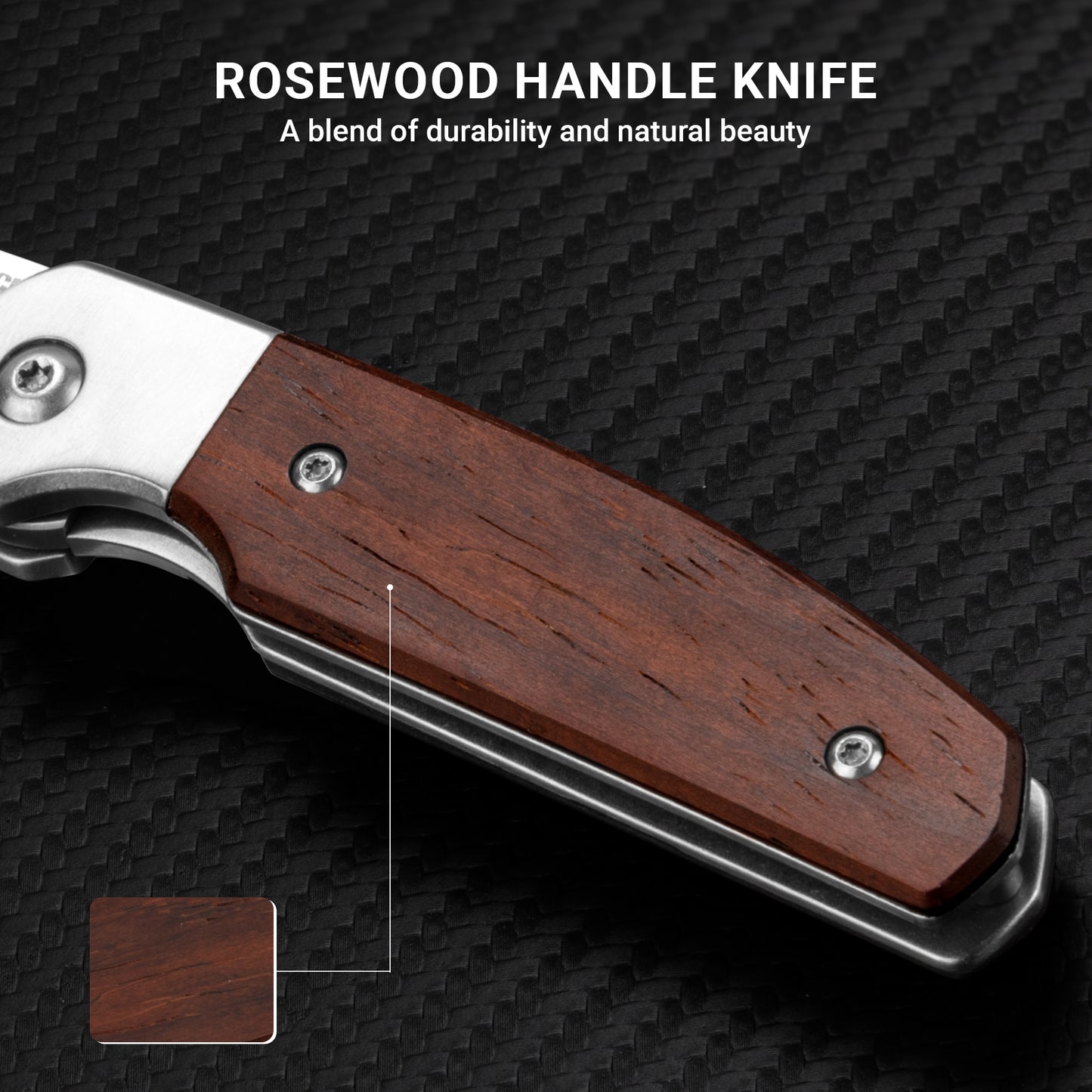 TROCK Small EDC Knife 2.8", Pocket Knife D2 Sand Polished Steel Blade Wood Handle - Front Flipper