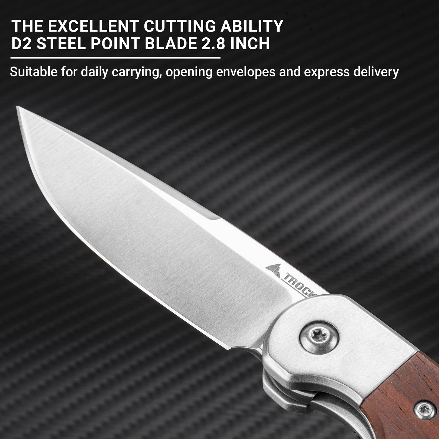 TROCK Small EDC Knife 2.8", Pocket Knife D2 Sand Polished Steel Blade Wood Handle - Front Flipper