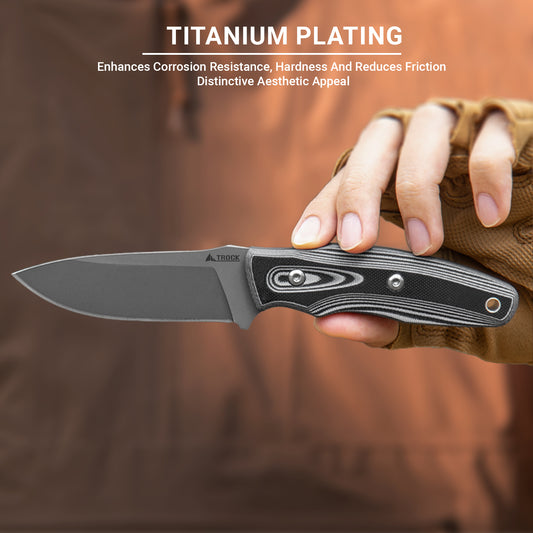 Fixed Blade Knife with Sheath, 3.62” Drop Point D2 Blade Titanium Plating G10 Handle for Camping