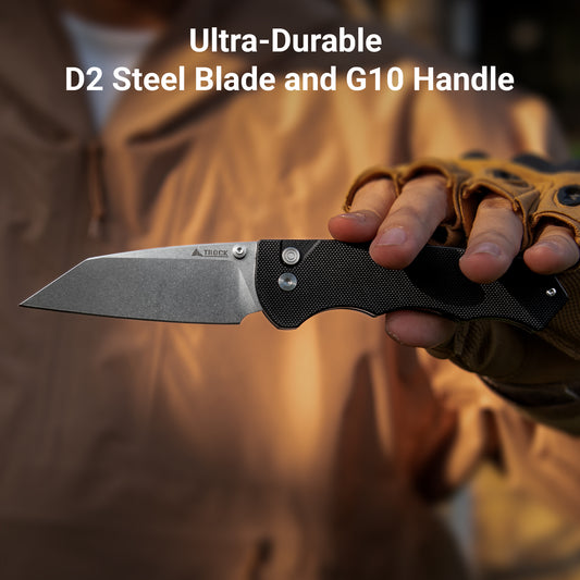 Button Lock Folding Knife - 3.39" D2 Sheepsfoot Blade Stonewashed Finish - G10 Handle with Thumb Stud