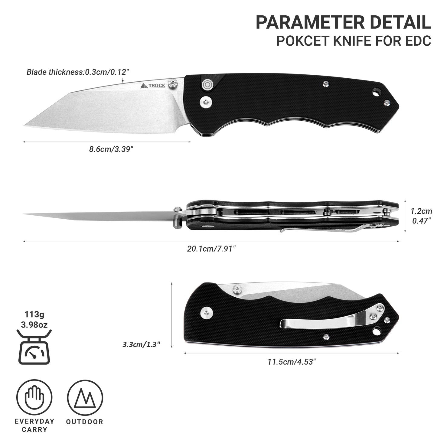 Button Lock Folding Knife - 3.39" D2 Sheepsfoot Blade Stonewashed Finish - G10 Handle with Thumb Stud