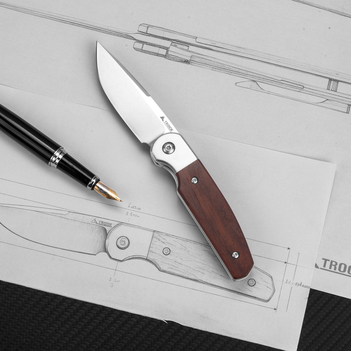 TROCK Small EDC Knife 2.8", Pocket Knife D2 Sand Polished Steel Blade Wood Handle - Front Flipper