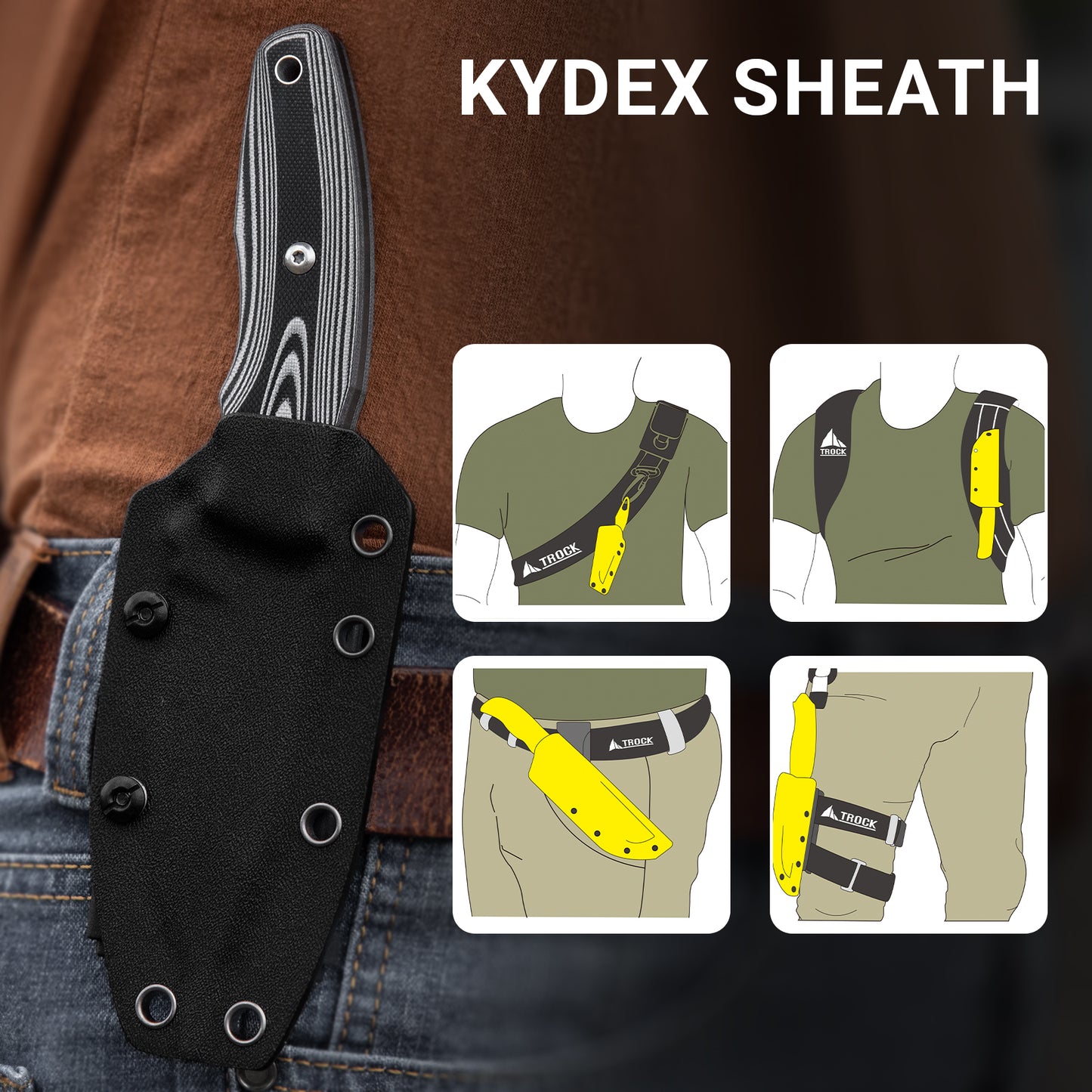Fixed Blade Knife with Sheath, 3.62” Drop Point D2 Blade Titanium Plating G10 Handle for Camping