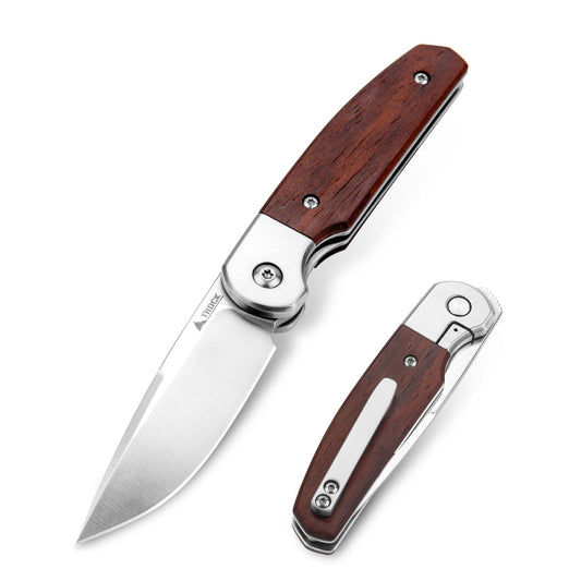 TROCK Small EDC Knife 2.8", Pocket Knife D2 Sand Polished Steel Blade Wood Handle - Front Flipper