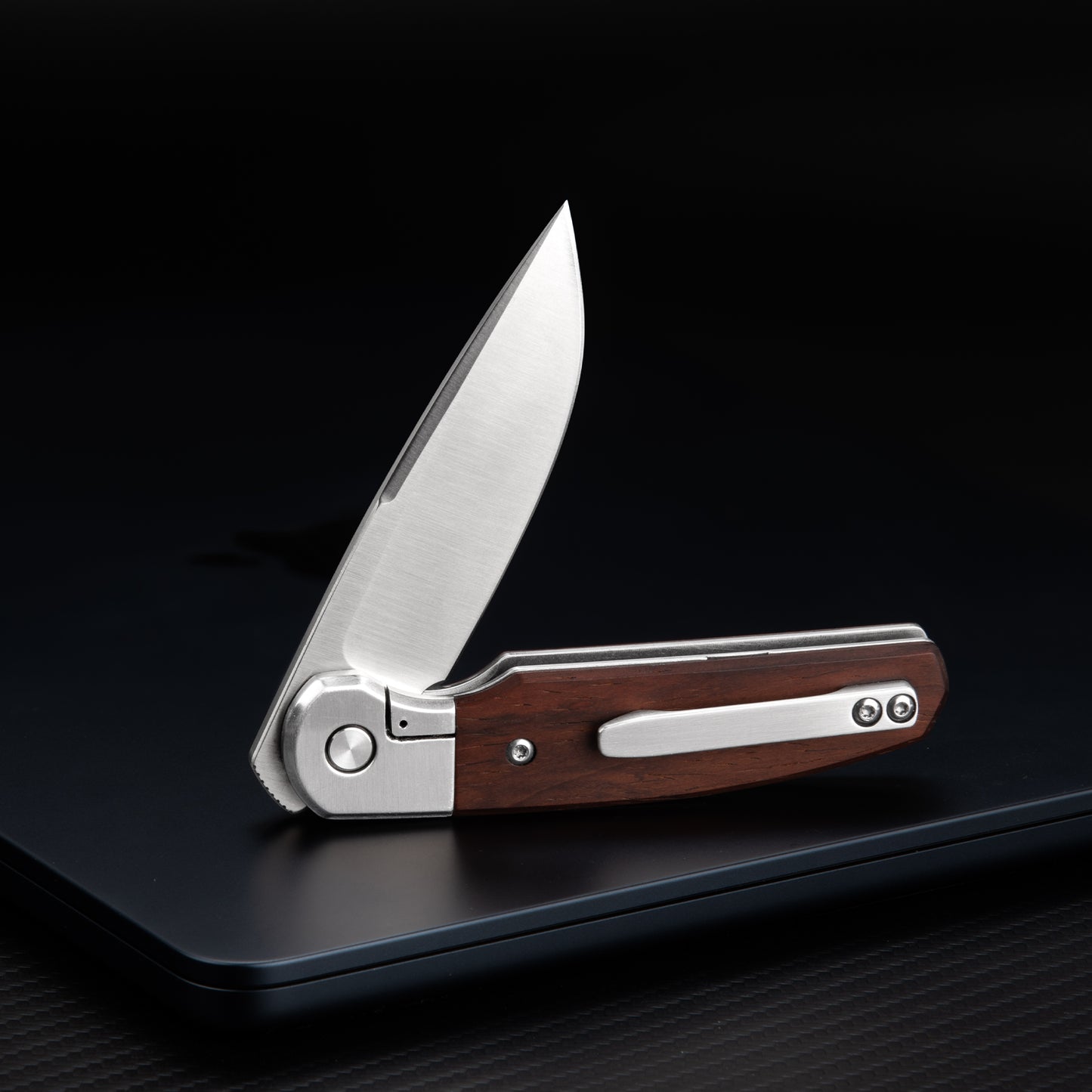 TROCK Small EDC Knife 2.8", Pocket Knife D2 Sand Polished Steel Blade Wood Handle - Front Flipper