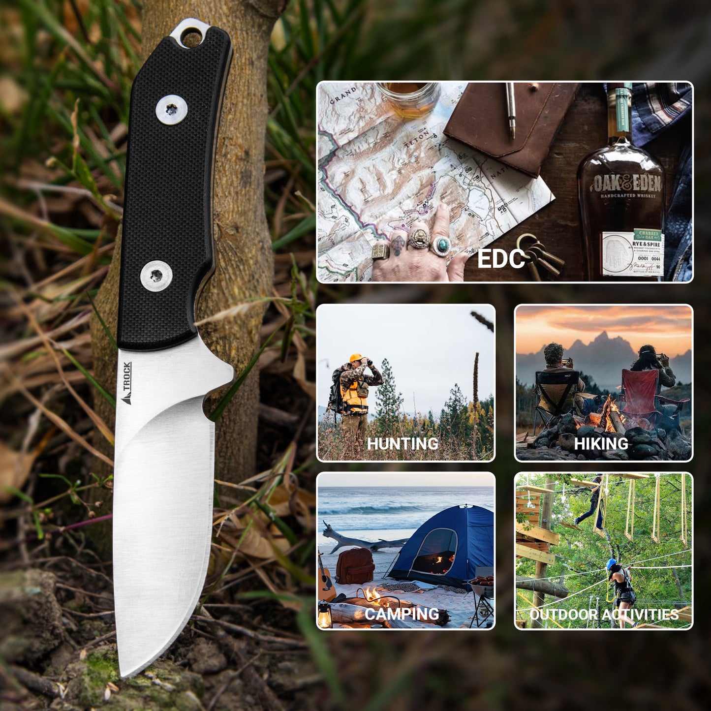 TROCK Small Fixed Blade Knife, 2.36” Drop Point D2 Blade G10 0 Handle with Sheath and Clip Outdoor Daily Use EDC