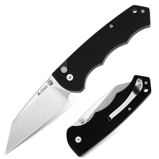Button Lock Folding Knife - 3.39" D2 Sheepsfoot Blade Stonewashed Finish - G10 Handle with Thumb Stud