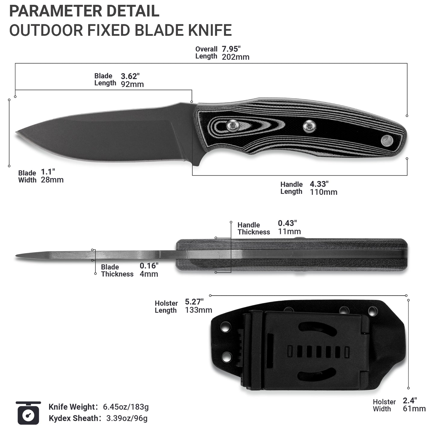 Fixed Blade Knife with Sheath, 3.62” Drop Point D2 Blade Titanium Plating G10 Handle for Camping