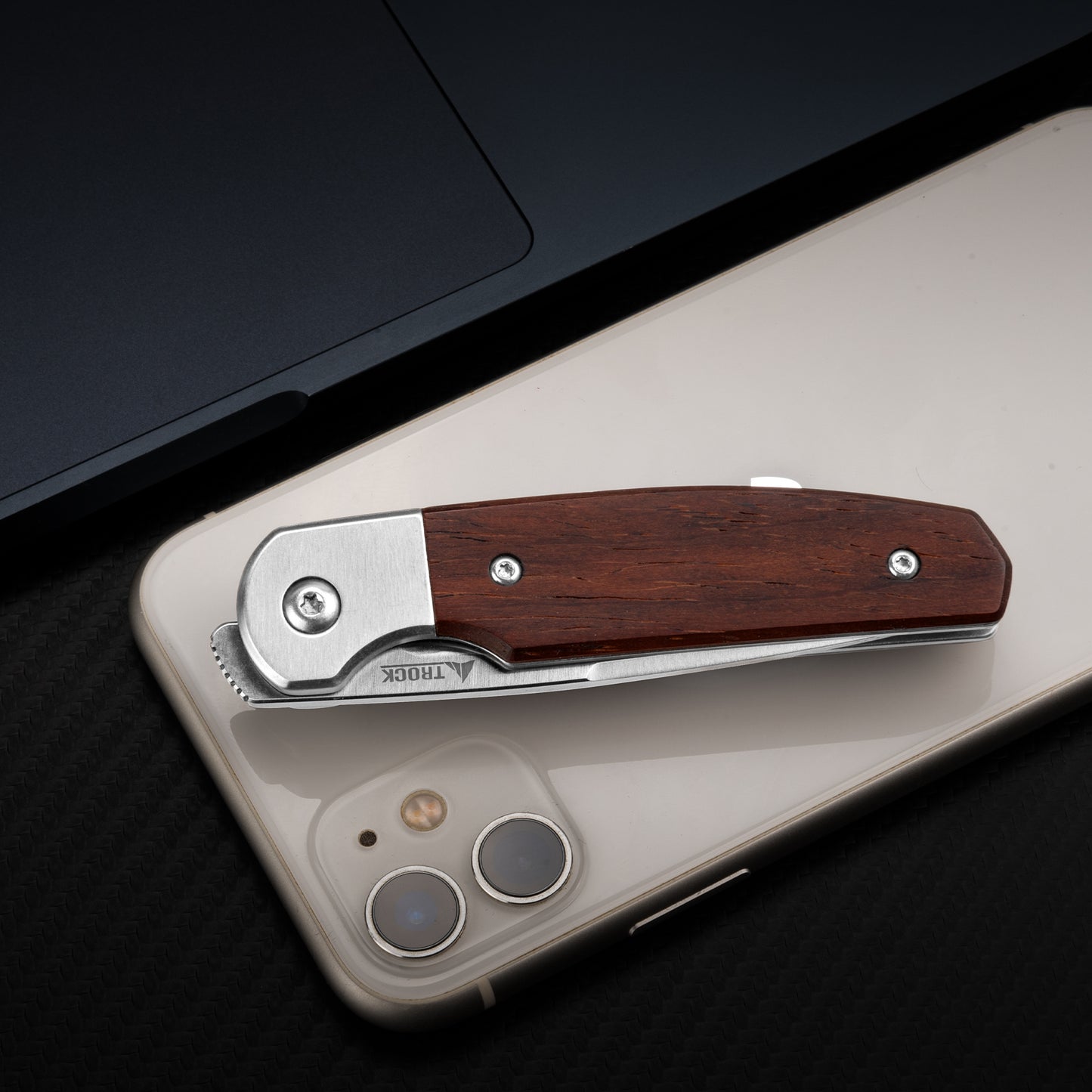 TROCK Small EDC Knife 2.8", Pocket Knife D2 Sand Polished Steel Blade Wood Handle - Front Flipper