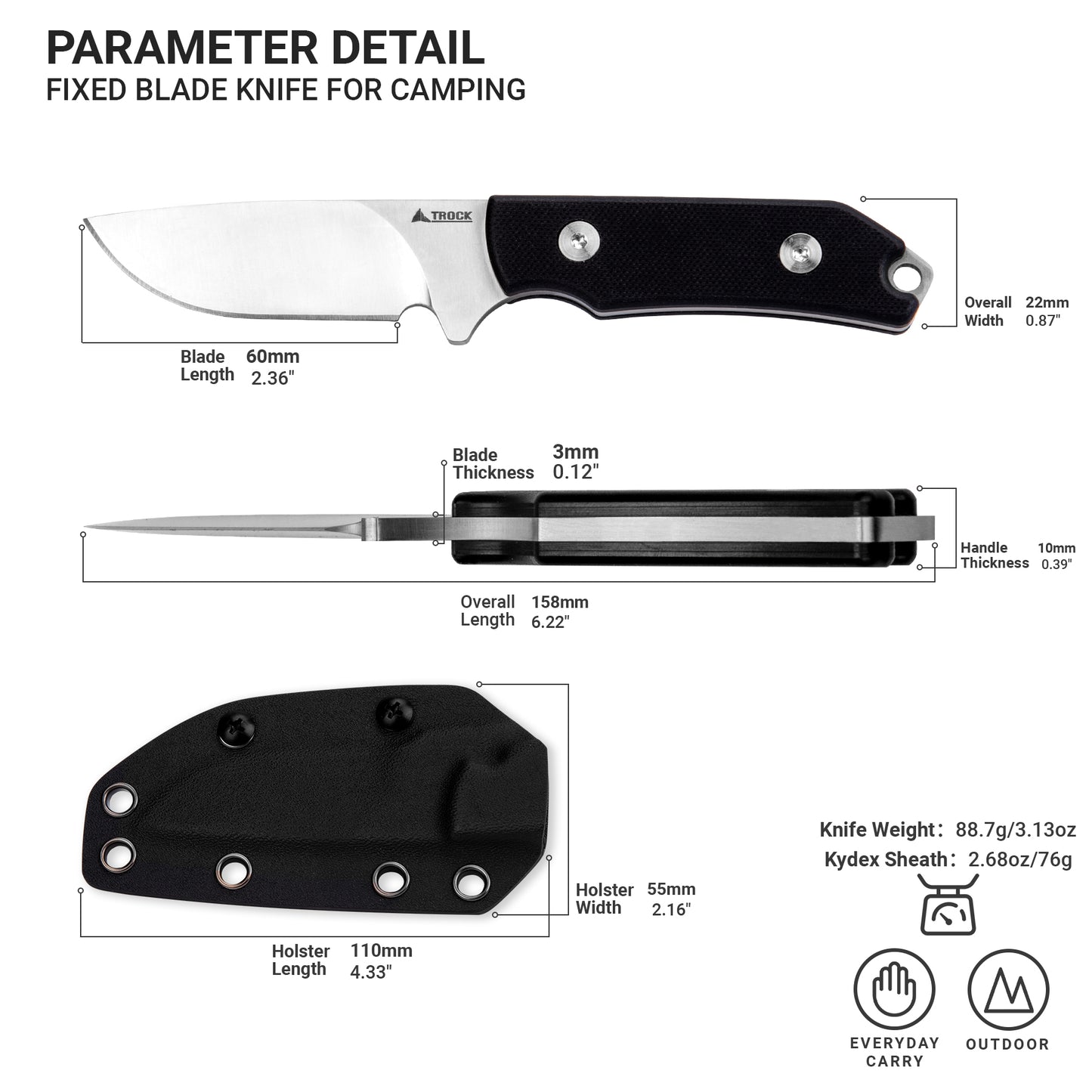 TROCK Small Fixed Blade Knife, 2.36” Drop Point D2 Blade G10 0 Handle with Sheath and Clip Outdoor Daily Use EDC