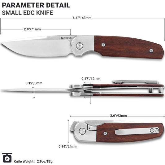 TROCK Small EDC Knife 2.8", Pocket Knife D2 Sand Polished Steel Blade Wood Handle - Front Flipper