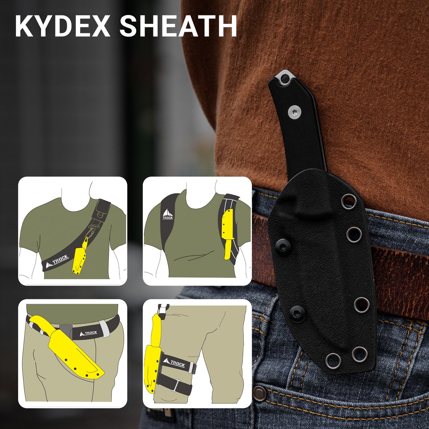 TROCK Small Fixed Blade Knife, 2.36” Drop Point D2 Blade G10 0 Handle with Sheath and Clip Outdoor Daily Use EDC