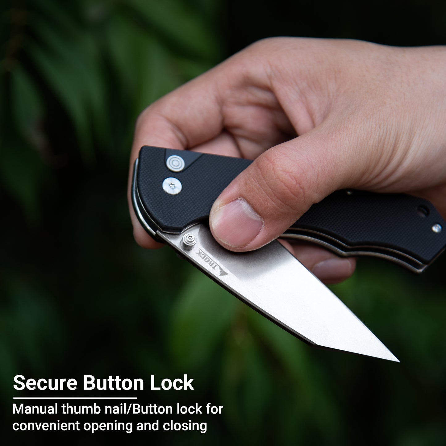 Button Lock Folding Knife - 3.39" D2 Sheepsfoot Blade Stonewashed Finish - G10 Handle with Thumb Stud